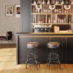 Raynesys Adjustable Height Swivel Bar Stools Set of 2, 22-29 Inch Industrial Vintage Bar Counter Height Stools with Thicken Premium Bonded Leather Seats & Updated Footrests, Easy Assembly, Black