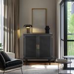 Finnhomy Sideboard Buffet Kitchen Storage Cabinet with Black Painted Rattan Decorated Doors, Dining Room, Hallway, Cupboard Console Table, Liquor/Accent Cabinet, 31.5X 15.8X 34.6 Inches, Black