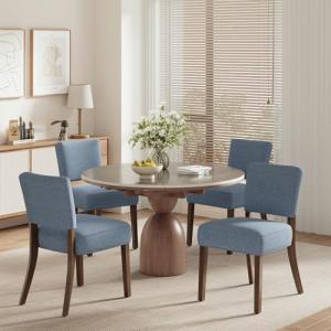 COLAMY Mid Century Modern Dining Chairs Set of 4, Upholstered Kitchen Chairs with Back, Farmhouse Fabric Side Dining Room Chairs with Wood Legs for Dining Room Kitchen Restaurant, Blue