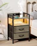 Lazzanto Night Stand Bedside Charger Bedroom - Grey Nightstand with Charging Station & LED Light Strip, Morden End Table with USB Ports & AC Outlets, Night Stand with Storage Shelf & 2 Fabric Drawers