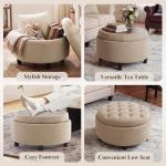 COLAMY Fabric Round Storage Ottoman with Reversible Tray Lid – Multi-Functional Footrest, Hidden Storage, Sturdy & Stylish Small Coffee Table for Living Room, Bedroom, or Entryway(Camel)