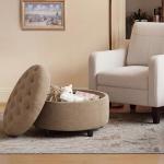 COLAMY Fabric Round Storage Ottoman with Reversible Tray Lid – Multi-Functional Footrest, Hidden Storage, Sturdy & Stylish Small Coffee Table for Living Room, Bedroom, or Entryway(Camel)