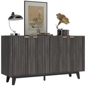 HOMCOM Fluted Sideboard Buffet Cabinet, 55" Modern Accent Console Cabinet with 4 Doors, 2 Adjustable Shelves and 5 Wood Legs, Dark Gray