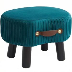 Leesingdo Small Footstool with Handle, Velvet Ottoman Foot Rest with Padded Seat, Curved Foot Stool with Wooden Legs, Portable Foot Rest for Living Room, Bedroom, Entryway, Peacock Blue