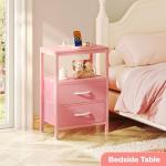 Huuger Nightstand with Charging Station, Side Table with Fabric Drawers, End Table with Open Shelf, Bedside Table with USB Ports and Outlets, Night Stand for Bedroom, Pink