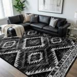 Area Rug 8x10 Rug Machine Washable Non-Slip Low Pile Print Pattern Western Rug for Living Room Bedroom Entryway Tribal Series -Black