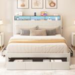 YITAHOME King Size Bed Frame, Storage Bed Frame with 4 Drawers & LED Light, Platform Bed with Storage Upholstered Headboard and Charging Station, No Box Spring Needed, Easy Assembly, Beige