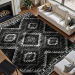 Area Rug 8x10 Rug Machine Washable Non-Slip Low Pile Print Pattern Western Rug for Living Room Bedroom Entryway Tribal Series -Black