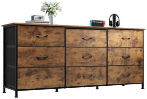 WLIVE 54''W Dresser for Bedroom, Dresser TV Stand for 55, 60, 65 inch TV, Wide Chest of Drawers with 9 Drawer, Large Entertainment Center, Fabric Dressers with Wood Top for Living Room, Rustic Brown