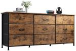 WLIVE 54''W Dresser for Bedroom, Dresser TV Stand for 55, 60, 65 inch TV, Wide Chest of Drawers with 9 Drawer, Large Entertainment Center, Fabric Dressers with Wood Top for Living Room, Rustic Brown