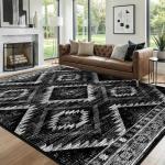 Area Rug 8x10 Rug Machine Washable Non-Slip Low Pile Print Pattern Western Rug for Living Room Bedroom Entryway Tribal Series -Black