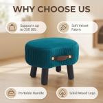 Leesingdo Small Footstool with Handle, Velvet Ottoman Foot Rest with Padded Seat, Curved Foot Stool with Wooden Legs, Portable Foot Rest for Living Room, Bedroom, Entryway, Peacock Blue