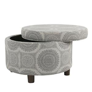 Homepop Home Decor | Upholstered Round Storage Ottoman | Ottoman with Storage for Living Room & Bedroom (Grey Medallion) 24.0 In. X 24.0 In. X 17.0 In.