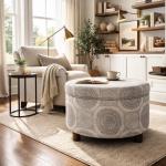 Homepop Home Decor | Upholstered Round Storage Ottoman | Ottoman with Storage for Living Room & Bedroom (Grey Medallion) 24.0 In. X 24.0 In. X 17.0 In.