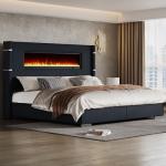 AMERLIFE Modern California King Size Bed Frame with Fireplace, Corduroy Upholstered Bed Frame with 60.4“ Extra Tall Headboard, Wingback Platform Bed Frame Wooden Slats/No Box Spring Needed, Black