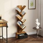 Rolanstar 7 Tier Bookshelf with Drawer, Tree Bookshelf, Small Bookshelves with Storage Rack for CDs/Movies/Books, Standing Book Shelf, Tall Narrow Bookcase for Living Room, Bedroom, Rustic Brown