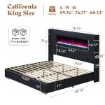 AMERLIFE Modern California King Size Bed Frame with Fireplace, Corduroy Upholstered Bed Frame with 60.4“ Extra Tall Headboard, Wingback Platform Bed Frame Wooden Slats/No Box Spring Needed, Black