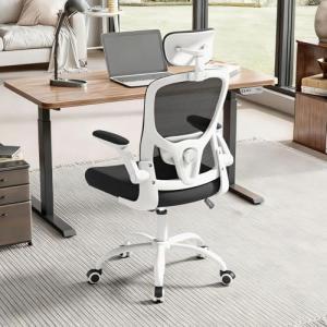 TLLMOON Office Computer Desk Chair - Lumbar Support and Headrest, Ergonomic Mesh Back Swivel Task Chair,Flip-Up Arms for Desk Work, 90-120° Tilt Rolling Chair for Home Office(White-Black6076)