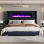 AMERLIFE Modern California King Size Bed Frame with Fireplace, Corduroy Upholstered Bed Frame with 60.4“ Extra Tall Headboard, Wingback Platform Bed Frame Wooden Slats/No Box Spring Needed, Black