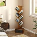 Rolanstar 7 Tier Bookshelf with Drawer, Tree Bookshelf, Small Bookshelves with Storage Rack for CDs/Movies/Books, Standing Book Shelf, Tall Narrow Bookcase for Living Room, Bedroom, Rustic Brown