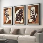 Framed Textured Wood 3D Wall Art for Living Room, Large Boho Tropical Brown Artwork for Walls, 3 Piece Farmhouse Botanical Leaf Wood 3D Textured Wall Art Decor for Office Bedroom Hallway, 24x36 Inch