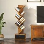 Rolanstar 7 Tier Bookshelf with Drawer, Tree Bookshelf, Small Bookshelves with Storage Rack for CDs/Movies/Books, Standing Book Shelf, Tall Narrow Bookcase for Living Room, Bedroom, Rustic Brown