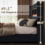 AMERLIFE Modern California King Size Bed Frame with Fireplace, Corduroy Upholstered Bed Frame with 60.4“ Extra Tall Headboard, Wingback Platform Bed Frame Wooden Slats/No Box Spring Needed, Black