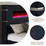 AMERLIFE Modern California King Size Bed Frame with Fireplace, Corduroy Upholstered Bed Frame with 60.4“ Extra Tall Headboard, Wingback Platform Bed Frame Wooden Slats/No Box Spring Needed, Black