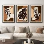 Framed Textured Wood 3D Wall Art for Living Room, Large Boho Tropical Brown Artwork for Walls, 3 Piece Farmhouse Botanical Leaf Wood 3D Textured Wall Art Decor for Office Bedroom Hallway, 24x36 Inch