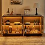 AMERLIFE Sideboard Buffet Cabinet with LED Lights, Mixed Color Accent Cabinet with Glass Doors and Adjustable Shelf, Hallway Storage Cabinets Console Table for Living Room, Dining Room, Black and Gray