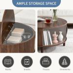 DUMOS Coffee Table, Round Coffee Tables with Storage, Fluted Center Table for Living Room, 31.69" Mid Century Modern Table with Sliding Cabinet Door, 2-Tier Rustic Wood Desktop, Brown