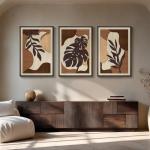 Framed Textured Wood 3D Wall Art for Living Room, Large Boho Tropical Brown Artwork for Walls, 3 Piece Farmhouse Botanical Leaf Wood 3D Textured Wall Art Decor for Office Bedroom Hallway, 24x36 Inch