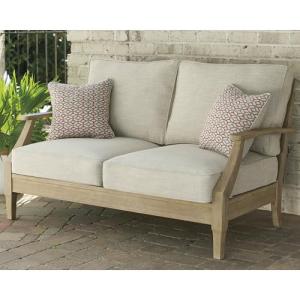 Signature Design by Ashley Clare View Coastal Outdoor Loveseat, Cushioned with Nuvella Fabric, Protective Finish, Eucalyptus Wood, 55.5" W x 35" D x 32" H, Beige