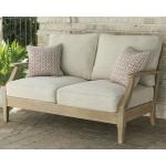 Signature Design by Ashley Clare View Coastal Outdoor Loveseat, Cushioned with Nuvella Fabric, Protective Finish, Eucalyptus Wood, 55.5" W x 35" D x 32" H, Beige