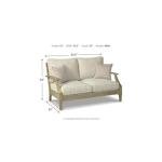 Signature Design by Ashley Clare View Coastal Outdoor Loveseat, Cushioned with Nuvella Fabric, Protective Finish, Eucalyptus Wood, 55.5" W x 35" D x 32" H, Beige