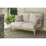 Signature Design by Ashley Clare View Coastal Outdoor Loveseat, Cushioned with Nuvella Fabric, Protective Finish, Eucalyptus Wood, 55.5" W x 35" D x 32" H, Beige