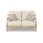 Signature Design by Ashley Clare View Coastal Outdoor Loveseat, Cushioned with Nuvella Fabric, Protective Finish, Eucalyptus Wood, 55.5" W x 35" D x 32" H, Beige