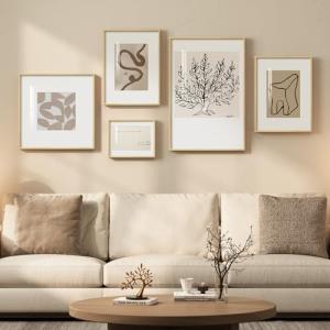 Framed Matisse Abstract Neutral Wall Art, 5 Piece Large Beige Canvas Prints Set, Modern Minimalist Geometric Botanical Paintings for Living Room, Bedroom, Hallway, Home Office, Guest Room