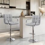 Yaheetech Modern Bar Stools Set of 2 Swivel Kitchen Stool Height Adjustable Square Counter Stool with Back&Armrest PU Leather Stool, Light Grey