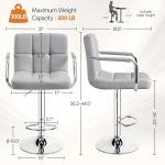 Yaheetech Modern Bar Stools Set of 2 Swivel Kitchen Stool Height Adjustable Square Counter Stool with Back&Armrest PU Leather Stool, Light Grey