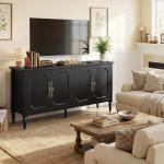 RoyalCraft 59" Buffet Cabinet with Storage, Vintage Sideboard with Adjustable Shelves & Carved Handle, Mid Century Modern Painted Credenza Coffee Bar for Kitchen, Dining Room, Satin Black