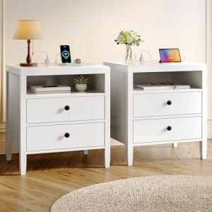 Huuger White Nightstand Set of 2, Night Stand with Charger Station, Bedside Table with 2 Drawers, Bed Side Tables for Bedroom, Modern Nightstands, Metal Knobs, Painted Surface