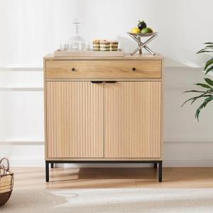 Mericonia Farmhouse Buffet Sideboard Cabinet with Storage, Fluted Coffee Bar with Doors and Adjustable Shelves, Modern Wood Cabinet for Kitchen, Livingroom (Fluted 2 Door, Natural)