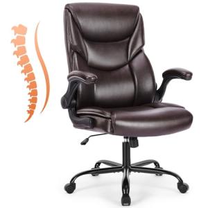Sweetcrispy Computer Gaming Chair, Ergonomic High Back Heavy Duty Task Desk Office Chairs with Wheels, Flip-up Arms, Adjustable Height, PU Leather,Dark Brown