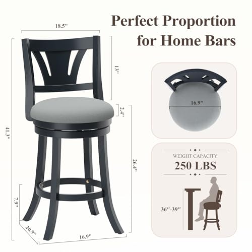 MALOL Swivel Bar Stools Set of 2, 26 Inch Counter Height Barstool with Silent Rotation, High-Density Foam Cushion, Solid Wood Frame, Footrest & Anti-Slip Pads for Kitchen Islands and Home Bars (Grey)