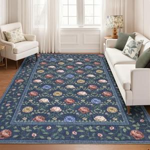 GarveeHome 8x10 Washable Area Rugs for Living Room, Navy Blue Boho Floral Rugs Non Slip Soft Low Pile Indoor Stain Resistance Vintage Floral Design Large Carpet for Bedroom Dining Room Office