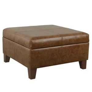 HomePop Faux Leather Square Storage Ottoman with Wood Legs, Brown