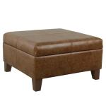 HomePop Faux Leather Square Storage Ottoman with Wood Legs, Brown