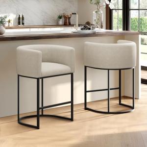 KRAMZMING Counter Height Bar Stools Set of 2, 24 Inch Seat Height Barstools for Dining Room, Fabric Upholstered Bar Chair for Kitchen Island, Linen Counter Stools with Metal Legs, Beige