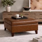 HomePop Faux Leather Square Storage Ottoman with Wood Legs, Brown